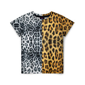 Детская футболка 3D с принтом Леопард/Снежный Барс в Тюмени, 100% гипоаллергенный полиэфир | прямой крой, круглый вырез горловины, длина до линии бедер, чуть спущенное плечо, ткань немного тянется | textures | барс | животное | леопард | пятна | снежный | текстура | чёрное с белым