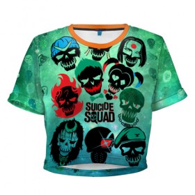 Женская футболка 3D укороченная с принтом Suicide Squad в Тюмени, 100% полиэстер | круглая горловина, длина футболки до линии талии, рукава с отворотами | suicide squad