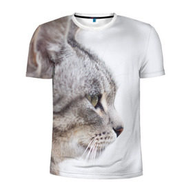 Мужская футболка 3D спортивная с принтом Серый кот в Тюмени, 100% полиэстер с улучшенными характеристиками | приталенный силуэт, круглая горловина, широкие плечи, сужается к линии бедра | взгляд | глаза | голова животного | киска | кот | котёнок | кошка | прикольные картинки