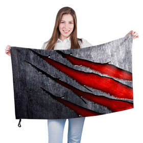 Флаг 3D с принтом Следы когтей на металле в Тюмени, 100% полиэстер | плотность ткани — 95 г/м2, размер — 67 х 109 см. Принт наносится с одной стороны | когти | красный | металл | серебристый | следы | текстура