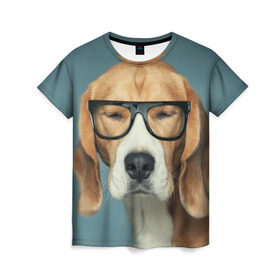 Женская футболка 3D с принтом Бигль в Тюмени, 100% полиэфир ( синтетическое хлопкоподобное полотно) | прямой крой, круглый вырез горловины, длина до линии бедер | бигль | гончая | дворняжка | охотничья | песик | песики | собака | собаки