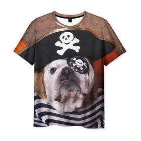 Мужская футболка 3D с принтом Бульдог - пират в Тюмени, 100% полиэфир | прямой крой, круглый вырез горловины, длина до линии бедер | бульдог | бульдоги | песик | песики | пират | пираты | прикольные | собака | собаки