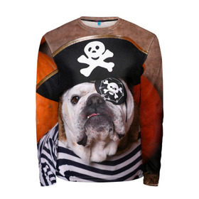 Мужской лонгслив 3D с принтом Бульдог - пират в Тюмени, 100% полиэстер | длинные рукава, круглый вырез горловины, полуприлегающий силуэт | бульдог | бульдоги | песик | песики | пират | пираты | прикольные | собака | собаки