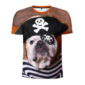 Мужская футболка 3D спортивная с принтом Бульдог - пират в Тюмени, 100% полиэстер с улучшенными характеристиками | приталенный силуэт, круглая горловина, широкие плечи, сужается к линии бедра | бульдог | бульдоги | песик | песики | пират | пираты | прикольные | собака | собаки