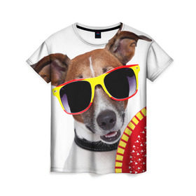 Женская футболка 3D с принтом Джек Рассел с веером в Тюмени, 100% полиэфир ( синтетическое хлопкоподобное полотно) | прямой крой, круглый вырез горловины, длина до линии бедер | джек рассел | песик | песики | собака | собаки | терьер