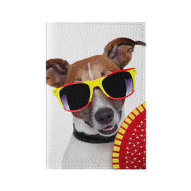Обложка для паспорта матовая кожа с принтом Джек Рассел с веером в Тюмени, натуральная матовая кожа | размер 19,3 х 13,7 см; прозрачные пластиковые крепления | Тематика изображения на принте: джек рассел | песик | песики | собака | собаки | терьер