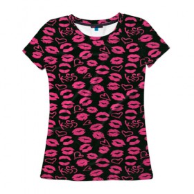 Женская футболка 3D с принтом Kiss в Тюмени, 100% полиэфир ( синтетическое хлопкоподобное полотно) | прямой крой, круглый вырез горловины, длина до линии бедер | губы | любовь | нежные | поцелуй | розовый | сердечки