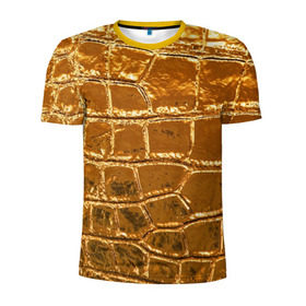 Мужская футболка 3D спортивная с принтом Золотой Крокодил в Тюмени, 100% полиэстер с улучшенными характеристиками | приталенный силуэт, круглая горловина, широкие плечи, сужается к линии бедра | Тематика изображения на принте: gold | texture | глянец | золото | кожа | крокодил | текстура
