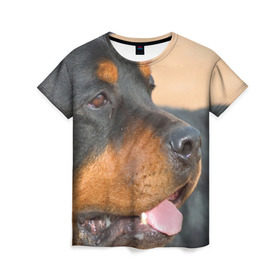 Женская футболка 3D с принтом Ротвейлер в Тюмени, 100% полиэфир ( синтетическое хлопкоподобное полотно) | прямой крой, круглый вырез горловины, длина до линии бедер | большая | пес | песик | псина | ротвейлер | ротвейлеры | собака | собаки