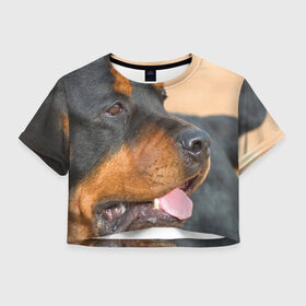 Женская футболка 3D укороченная с принтом Ротвейлер в Тюмени, 100% полиэстер | круглая горловина, длина футболки до линии талии, рукава с отворотами | большая | пес | песик | псина | ротвейлер | ротвейлеры | собака | собаки