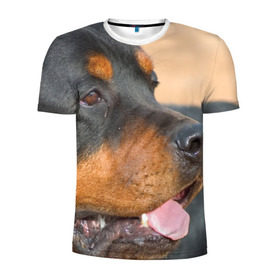 Мужская футболка 3D спортивная с принтом Ротвейлер в Тюмени, 100% полиэстер с улучшенными характеристиками | приталенный силуэт, круглая горловина, широкие плечи, сужается к линии бедра | Тематика изображения на принте: большая | пес | песик | псина | ротвейлер | ротвейлеры | собака | собаки