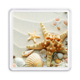Магнит 55*55 с принтом Морской пляж 5 в Тюмени, Пластик | Размер: 65*65 мм; Размер печати: 55*55 мм | море | морская звезда | песок | пляж | ракушки | туризм | турист