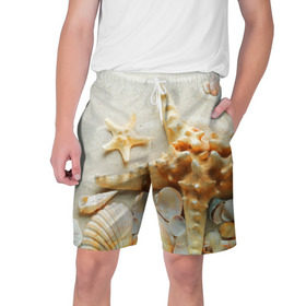 Мужские шорты 3D с принтом Морской пляж 5 в Тюмени,  полиэстер 100% | прямой крой, два кармана без застежек по бокам. Мягкая трикотажная резинка на поясе, внутри которой широкие завязки. Длина чуть выше колен | море | морская звезда | песок | пляж | ракушки | туризм | турист