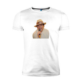 Мужская футболка премиум с принтом Джеки Чан / Jakie Chan в Тюмени, 92% хлопок, 8% лайкра | приталенный силуэт, круглый вырез ворота, длина до линии бедра, короткий рукав | actor | chan | cinema | jackie | актёр | джеки чан | кино