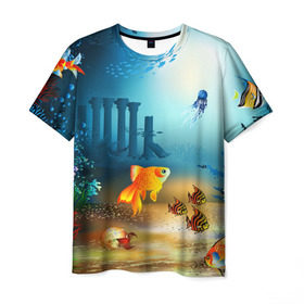 Мужская футболка 3D с принтом Золотая рыбка в Тюмени, 100% полиэфир | прямой крой, круглый вырез горловины, длина до линии бедер | Тематика изображения на принте: вода | водоросли | море | подводный мир | природа | рыба | рыбка | туризм