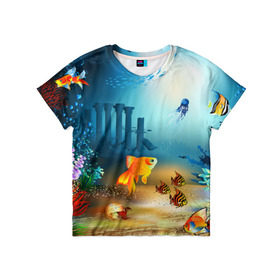 Детская футболка 3D с принтом Золотая рыбка в Тюмени, 100% гипоаллергенный полиэфир | прямой крой, круглый вырез горловины, длина до линии бедер, чуть спущенное плечо, ткань немного тянется | вода | водоросли | море | подводный мир | природа | рыба | рыбка | туризм