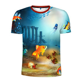 Мужская футболка 3D спортивная с принтом Золотая рыбка в Тюмени, 100% полиэстер с улучшенными характеристиками | приталенный силуэт, круглая горловина, широкие плечи, сужается к линии бедра | Тематика изображения на принте: вода | водоросли | море | подводный мир | природа | рыба | рыбка | туризм