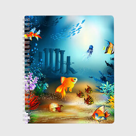 Тетрадь с принтом Золотая рыбка в Тюмени, 100% бумага | 48 листов, плотность листов — 60 г/м2, плотность картонной обложки — 250 г/м2. Листы скреплены сбоку удобной пружинной спиралью. Уголки страниц и обложки скругленные. Цвет линий — светло-серый
 | Тематика изображения на принте: вода | водоросли | море | подводный мир | природа | рыба | рыбка | туризм