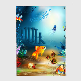 Постер с принтом Золотая рыбка в Тюмени, 100% бумага
 | бумага, плотность 150 мг. Матовая, но за счет высокого коэффициента гладкости имеет небольшой блеск и дает на свету блики, но в отличии от глянцевой бумаги не покрыта лаком | вода | водоросли | море | подводный мир | природа | рыба | рыбка | туризм