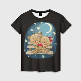 Женская футболка 3D с принтом Ночь любви в Тюмени, 100% полиэфир ( синтетическое хлопкоподобное полотно) | прямой крой, круглый вырез горловины, длина до линии бедер | верность | зайчик | котенок | любовь | милые | мишка | нежность | новинки | романтик | сердце