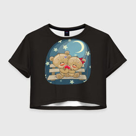 Женская футболка 3D укороченная с принтом Ночь любви в Тюмени, 100% полиэстер | круглая горловина, длина футболки до линии талии, рукава с отворотами | верность | зайчик | котенок | любовь | милые | мишка | нежность | новинки | романтик | сердце