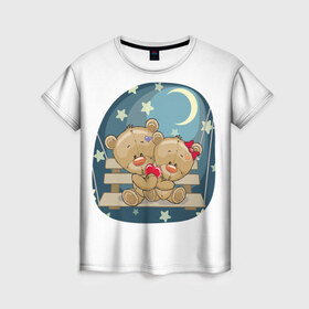 Женская футболка 3D с принтом Обнимашки в Тюмени, 100% полиэфир ( синтетическое хлопкоподобное полотно) | прямой крой, круглый вырез горловины, длина до линии бедер | верность | зайчик | котенок | любовь | милые | мишка | нежность | новинки | романтик | сердце
