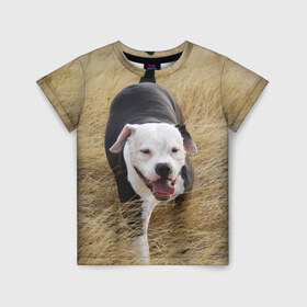 Детская футболка 3D с принтом Пит-буль на траве в Тюмени, 100% гипоаллергенный полиэфир | прямой крой, круглый вырез горловины, длина до линии бедер, чуть спущенное плечо, ткань немного тянется | амстафф | буль | пес | песик | питбули | питбуль | собака | собаки | стафф | терьер