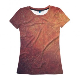 Женская футболка 3D с принтом Космические пятна в Тюмени, 100% полиэфир ( синтетическое хлопкоподобное полотно) | прямой крой, круглый вырез горловины, длина до линии бедер | кометы | космос | оранжевый | пятна | текстура | царапины