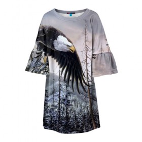 Детское платье 3D с принтом Орел в Тюмени, 100% полиэстер | прямой силуэт, чуть расширенный к низу. Круглая горловина, на рукавах — воланы | Тематика изображения на принте: дерево | животные | лес | небо | орел | природа | птица