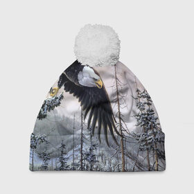 Шапка 3D c помпоном с принтом Орел в Тюмени, 100% полиэстер | универсальный размер, печать по всей поверхности изделия | дерево | животные | лес | небо | орел | природа | птица
