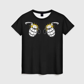 Женская футболка 3D с принтом Взрывная штучка в Тюмени, 100% полиэфир ( синтетическое хлопкоподобное полотно) | прямой крой, круглый вырез горловины, длина до линии бедер | взрывоопасно | граната | девушкам | о.м.с.к.