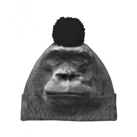 Шапка 3D c помпоном с принтом Взгляд в Тюмени, 100% полиэстер | универсальный размер, печать по всей поверхности изделия | взгляд | голова | животные | о.м.с.к. | обезьяна | природа