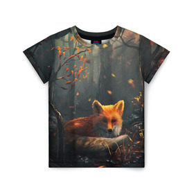 Детская футболка 3D с принтом Лиса в Тюмени, 100% гипоаллергенный полиэфир | прямой крой, круглый вырез горловины, длина до линии бедер, чуть спущенное плечо, ткань немного тянется | Тематика изображения на принте: autum | forest | fox | лес | лиса | осень