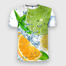 Мужская футболка 3D спортивная с принтом Вкус лета в Тюмени, 100% полиэстер с улучшенными характеристиками | приталенный силуэт, круглая горловина, широкие плечи, сужается к линии бедра | Тематика изображения на принте: вода | еда | зима | искусство | лайм | лимон | листья | новинки | природа | солнце | фрукты