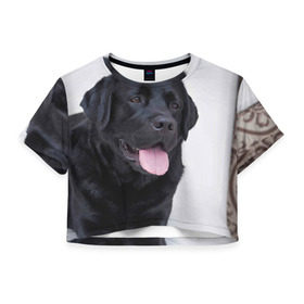 Женская футболка 3D укороченная с принтом Черный лабрадор в Тюмени, 100% полиэстер | круглая горловина, длина футболки до линии талии, рукава с отворотами | большая | золотистый | лабрадор | лабрадоры | палевый | песик | ретривер | собака | собаки