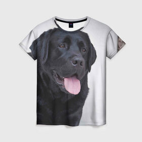 Женская футболка 3D с принтом Черный лабрадор в Тюмени, 100% полиэфир ( синтетическое хлопкоподобное полотно) | прямой крой, круглый вырез горловины, длина до линии бедер | Тематика изображения на принте: большая | золотистый | лабрадор | лабрадоры | палевый | песик | ретривер | собака | собаки