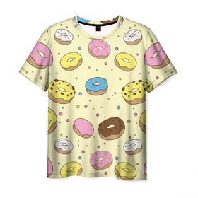 Мужская футболка 3D с принтом Сладкие пончики в Тюмени, 100% полиэфир | прямой крой, круглый вырез горловины, длина до линии бедер | Тематика изображения на принте: булочки | гомер симпсон | еда | пончики | сладости