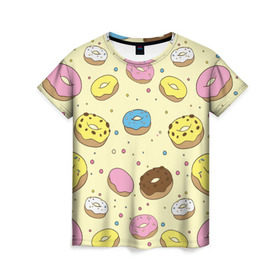 Женская футболка 3D с принтом Сладкие пончики в Тюмени, 100% полиэфир ( синтетическое хлопкоподобное полотно) | прямой крой, круглый вырез горловины, длина до линии бедер | булочки | гомер симпсон | еда | пончики | сладости