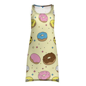 Платье-майка 3D с принтом Сладкие пончики в Тюмени, 100% полиэстер | полуприлегающий силуэт, широкие бретели, круглый вырез горловины, удлиненный подол сзади. | булочки | гомер симпсон | еда | пончики | сладости