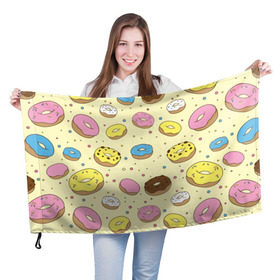 Флаг 3D с принтом Сладкие пончики в Тюмени, 100% полиэстер | плотность ткани — 95 г/м2, размер — 67 х 109 см. Принт наносится с одной стороны | булочки | гомер симпсон | еда | пончики | сладости