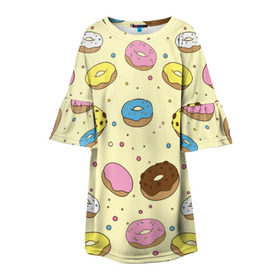 Детское платье 3D с принтом Сладкие пончики в Тюмени, 100% полиэстер | прямой силуэт, чуть расширенный к низу. Круглая горловина, на рукавах — воланы | Тематика изображения на принте: булочки | гомер симпсон | еда | пончики | сладости