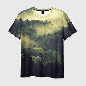 Мужская футболка 3D с принтом туманный лес в Тюмени, 100% полиэфир | прямой крой, круглый вырез горловины, длина до линии бедер | Тематика изображения на принте: горы | лес | море | охота | приключения | природа | рыбалка | свобода | скалы | туман | туризм | экстрим