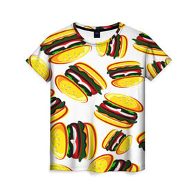 Женская футболка 3D с принтом Гамбургер в Тюмени, 100% полиэфир ( синтетическое хлопкоподобное полотно) | прямой крой, круглый вырез горловины, длина до линии бедер | fast food | фастфуд