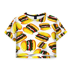 Женская футболка 3D укороченная с принтом Гамбургер в Тюмени, 100% полиэстер | круглая горловина, длина футболки до линии талии, рукава с отворотами | fast food | фастфуд