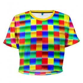 Женская футболка 3D укороченная с принтом Кубики в Тюмени, 100% полиэстер | круглая горловина, длина футболки до линии талии, рукава с отворотами | абстракция | кубики | пиксели | плитка | разноцветный | яркий