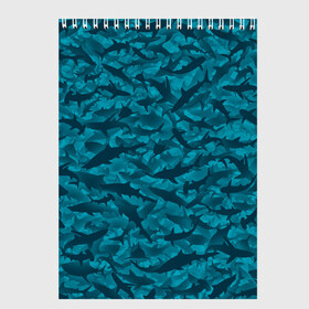 Скетчбук с принтом Акулы в Тюмени, 100% бумага
 | 48 листов, плотность листов — 100 г/м2, плотность картонной обложки — 250 г/м2. Листы скреплены сверху удобной пружинной спиралью | Тематика изображения на принте: камуфляж | море | океан | рыба | рыбак | рыбалка