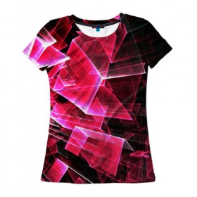 Женская футболка 3D с принтом Абстракция фигур в Тюмени, 100% полиэфир ( синтетическое хлопкоподобное полотно) | прямой крой, круглый вырез горловины, длина до линии бедер | кубик | лиловый | объем | розовый | яркий