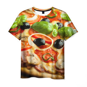 Мужская футболка 3D с принтом Пицца в Тюмени, 100% полиэфир | прямой крой, круглый вырез горловины, длина до линии бедер | базилик | еда | зелень | маслины | оливки | пицца | помидоры
