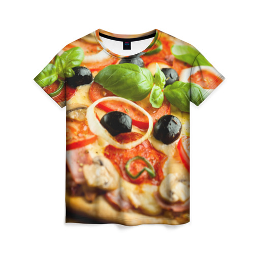Женская футболка 3D с принтом Пицца в Тюмени, 100% полиэфир ( синтетическое хлопкоподобное полотно) | прямой крой, круглый вырез горловины, длина до линии бедер | базилик | еда | зелень | маслины | оливки | пицца | помидоры