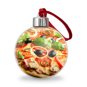 Ёлочный шар с принтом Пицца в Тюмени, Пластик | Диаметр: 77 мм | базилик | еда | зелень | маслины | оливки | пицца | помидоры
